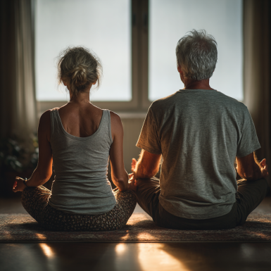 Літня жінка займається йогою у спокійному саду